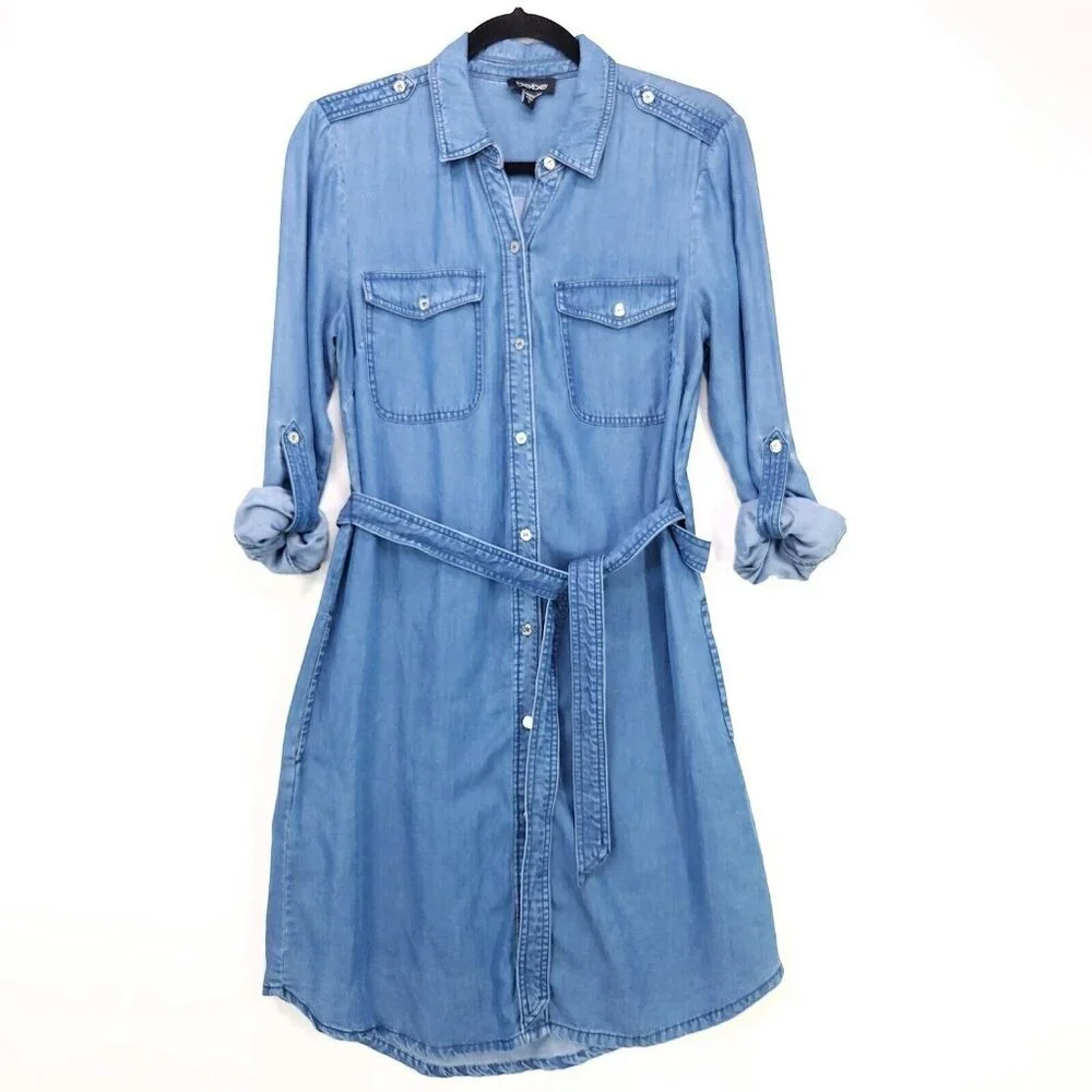 Bebe Denim Shirt Dress Belted Sheath Small Button Up Pockets Long Roll Sleeve - Picture 1 of 12
